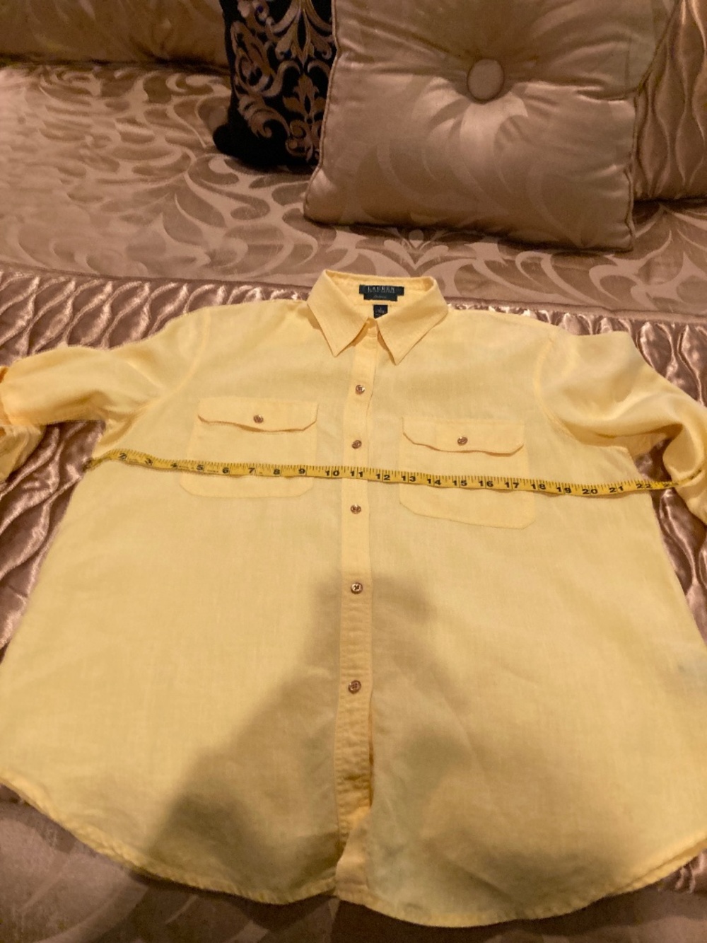 LAUREN RALPH LAUREN “Exclusive” Yellow Linen Blouse with Gold Buttons Sz L - Picture 9 of 11